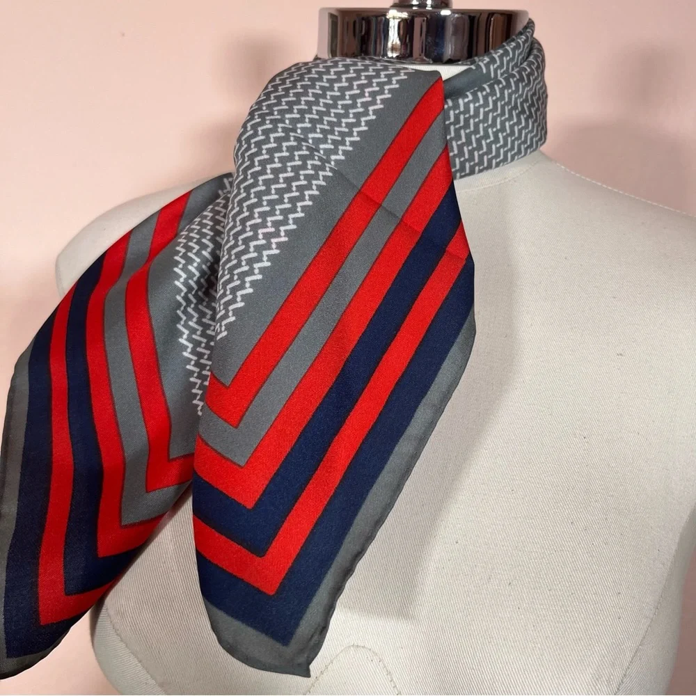 Vintage 1970 Mod Red Grey Art deco Geometric Striped Nautical  Square Scarf